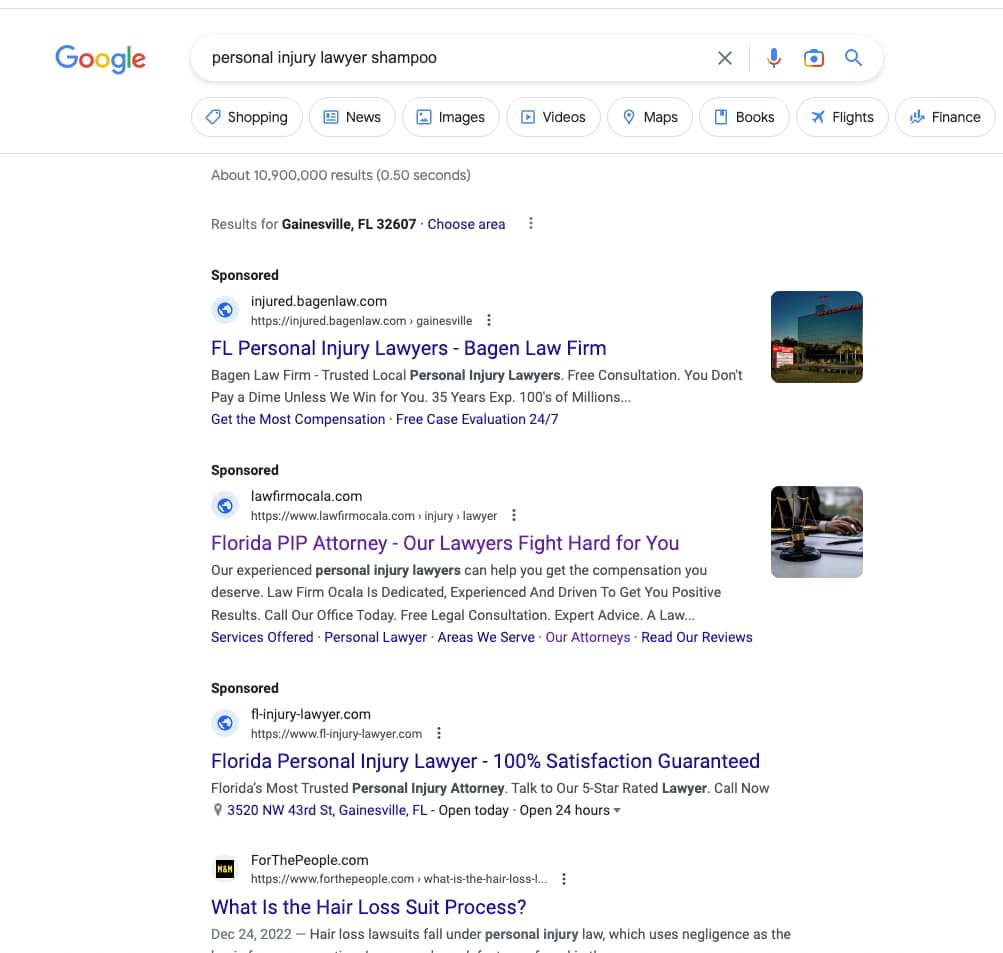 Ziegler Diamond Law, a Florida based personal injury law firm, has ads showing for irrelevant searches. Pictured is their ad for the search "Personal Injury Lawyer Shampoo".