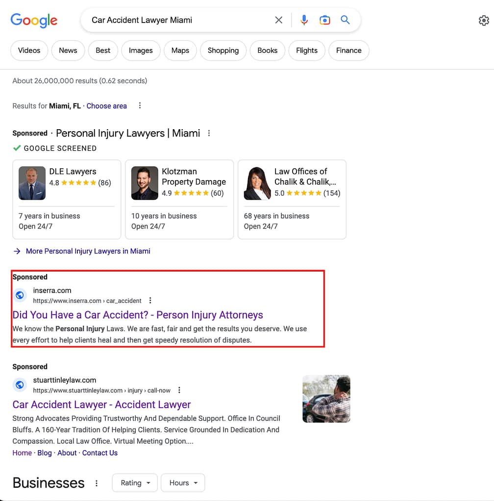 Inserra Kelley Sewell, a Nebraska based personal injury law firm, has ads showing for irrelevant searches. Pictured is their ad for the search “Car Accident Lawyer Miami".