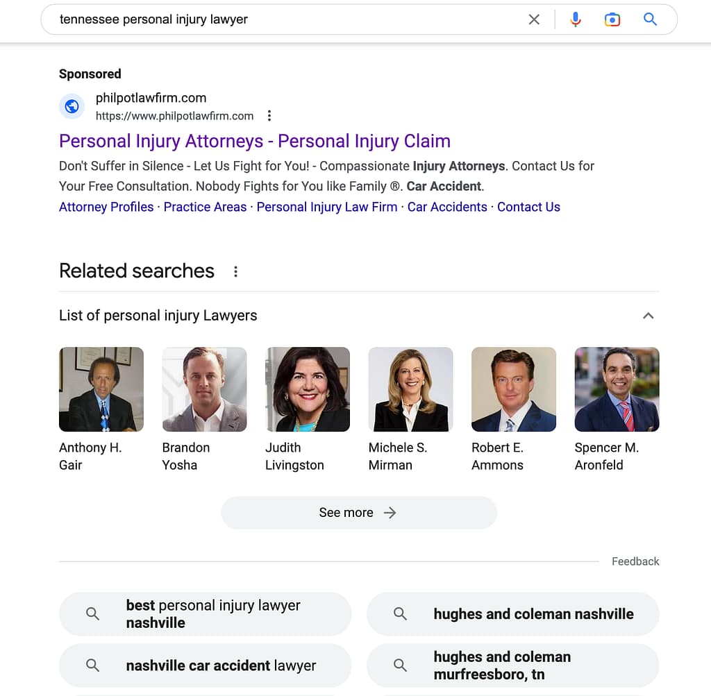 Philpot Law Firm, a South Carolina based personal injury law firm, has ads showing for irrelevant searches. Pictured is their ad for the search “Tennessee Personal Injury Lawyer".