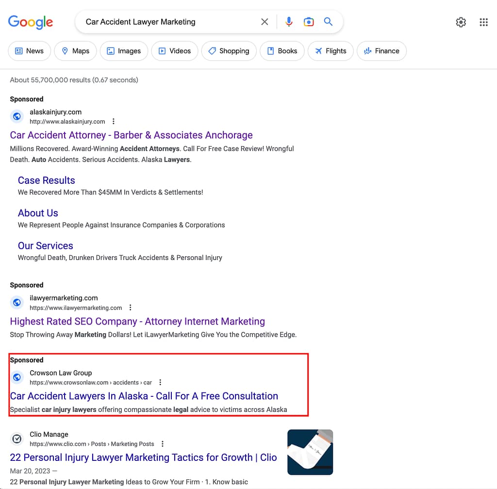 Crowson Law Group, an Alaska based personal injury law firm, has ads showing for irrelevant searches. Pictured is their ad for the search "Car Accident Lawyer Marketing.