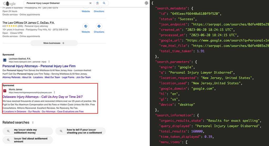 Morris James, a Delaware based personal injury law firm, has ads showing for irrelevant searches. Pictured is their ad for the search "Personal Injury Lawyer Disbarred" with a location set in New Jersey.
