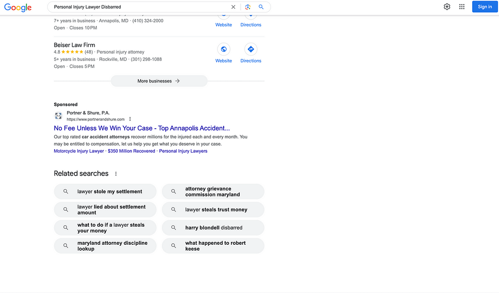 Portner & Shure, a Maryland based personal injury law firm, has ads showing for irrelevant searches. Pictured is their ad for the search "Personal Injury Lawyer Disbarred".