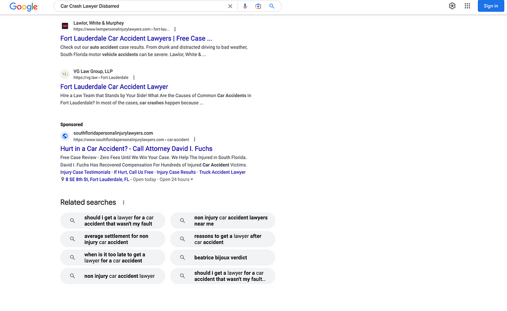 David I. Fuchs, a Florida based personal injury law firm, has ads showing for irrelevant searches. Pictured is their ad for the search "Car Crash Lawyer Disbarred".