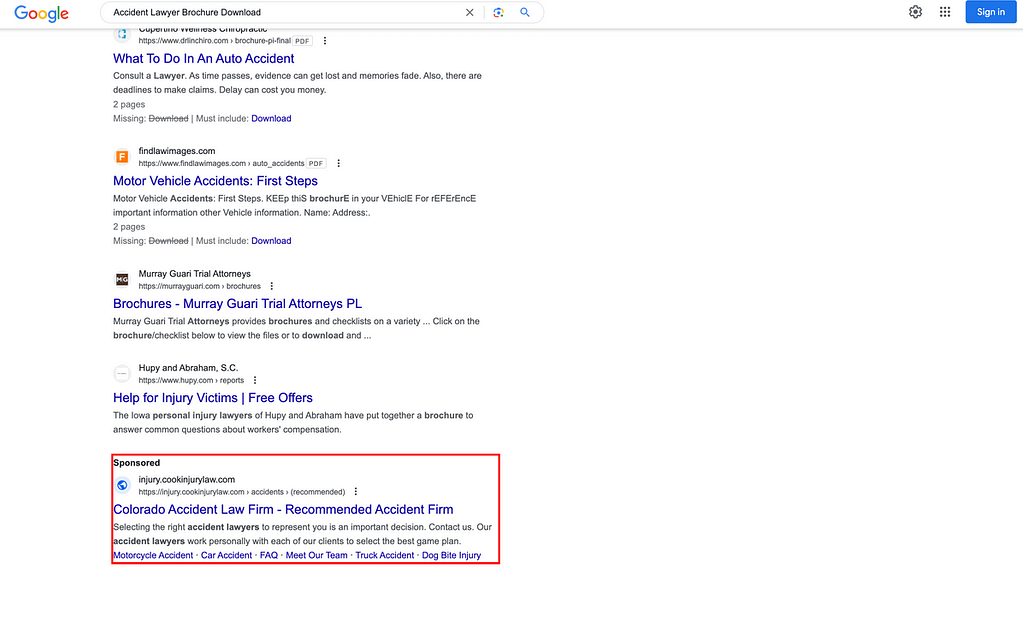 Cook, Bradford & Levy, a Colorado based personal injury law firm, has ads showing for irrelevant searches. Pictured is their ad for the search "Accident Lawyer Brochure Download”.