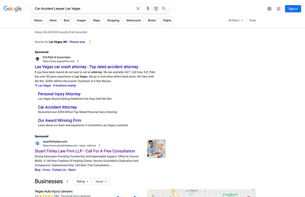 Stuart Tinley, an Iowa based personal injury law firm, has ads showing for irrelevant searches. Pictured is their ad for the search "Car Accident Lawyer Las Vegas".