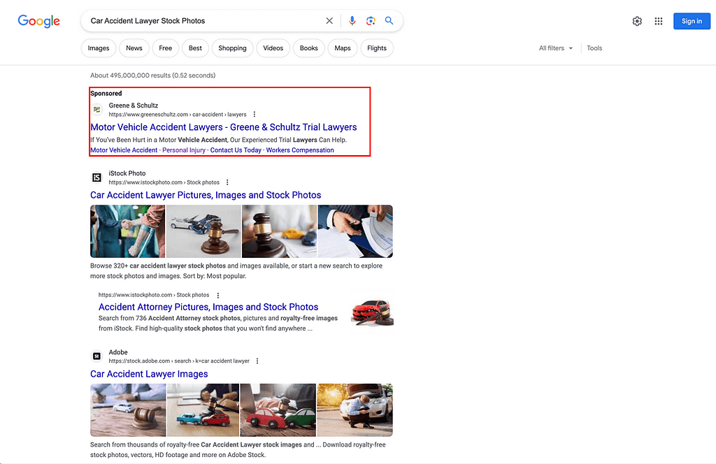 Greene & Schultz, an Indiana based personal injury law firm, has ads showing for irrelevant searches. Pictured is their ad for the search "Car Accident Lawyer Stock Photos".