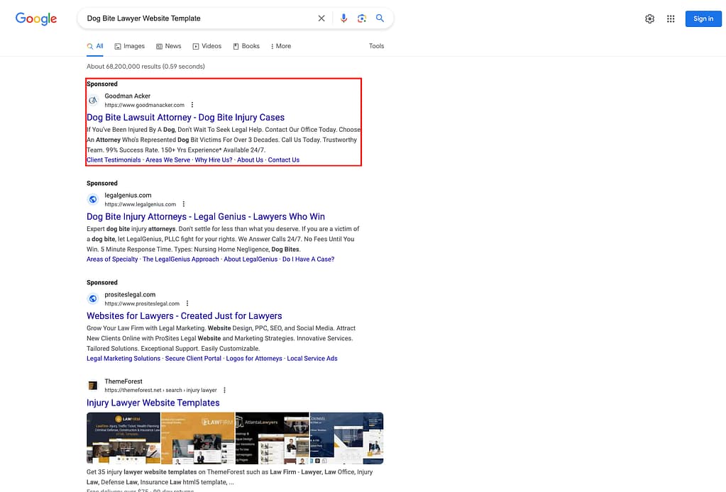 Goodman Acker, a Michigan based personal injury law firm, has ads showing for irrelevant searches. Pictured is their ad for the search "Dog Bite Lawyer Website Template".