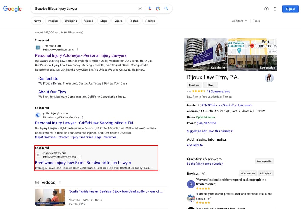Law Office of Stanley A. Davis, a Tennessee based personal injury law firm, has ads showing for irrelevant searches. Pictured is their ad for the search "Beatrice Bijoux Injury Lawyer".