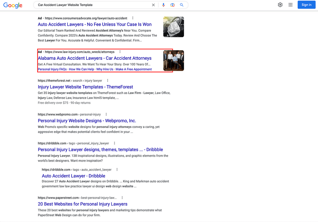 Timberlake & League, an Alabama based personal injury law firm, has ads showing for irrelevant searches. Pictured is their ad for the search "Car Accident Lawyer Website Template”.