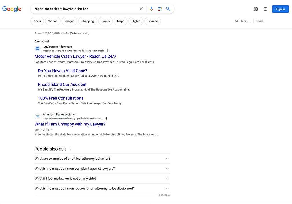 Marasco & Nesselbush, a Rhode Island & Massachusetts based personal injury law firm, has ads showing for irrelevant searches. Pictured is their ad for the search "Report Car Accident Lawyer To The Bar".