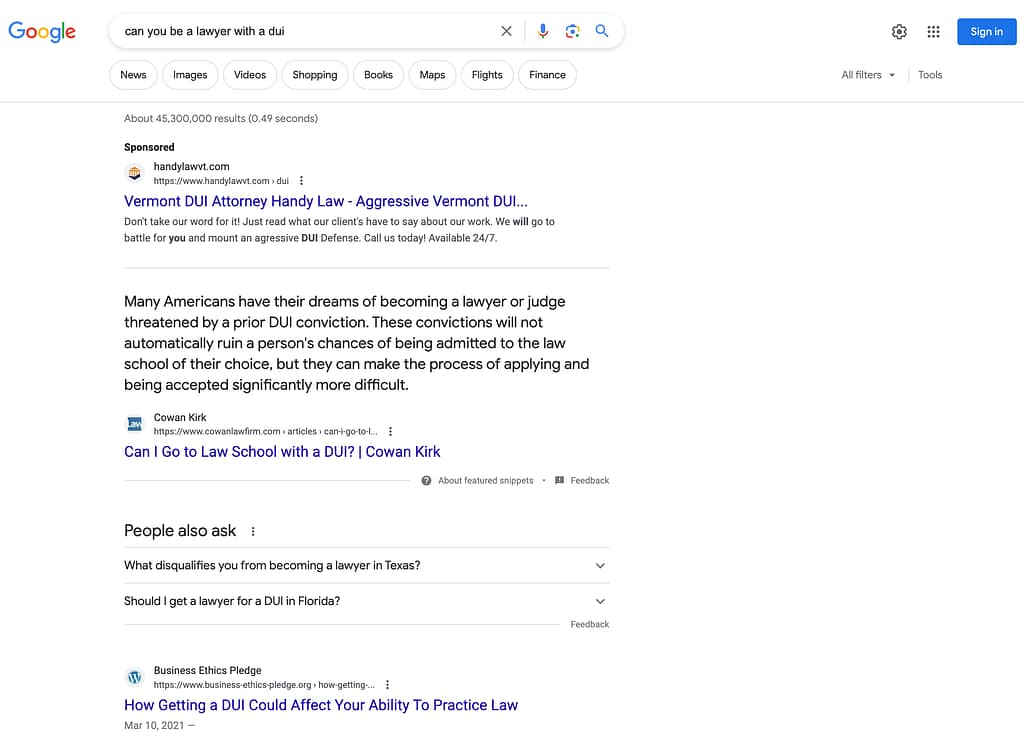 Handy Law, a Vermont based DUI law firm, has ads showing for irrelevant searches. Pictured is their ad for the search "Can You Be A Lawyer With A DUI".