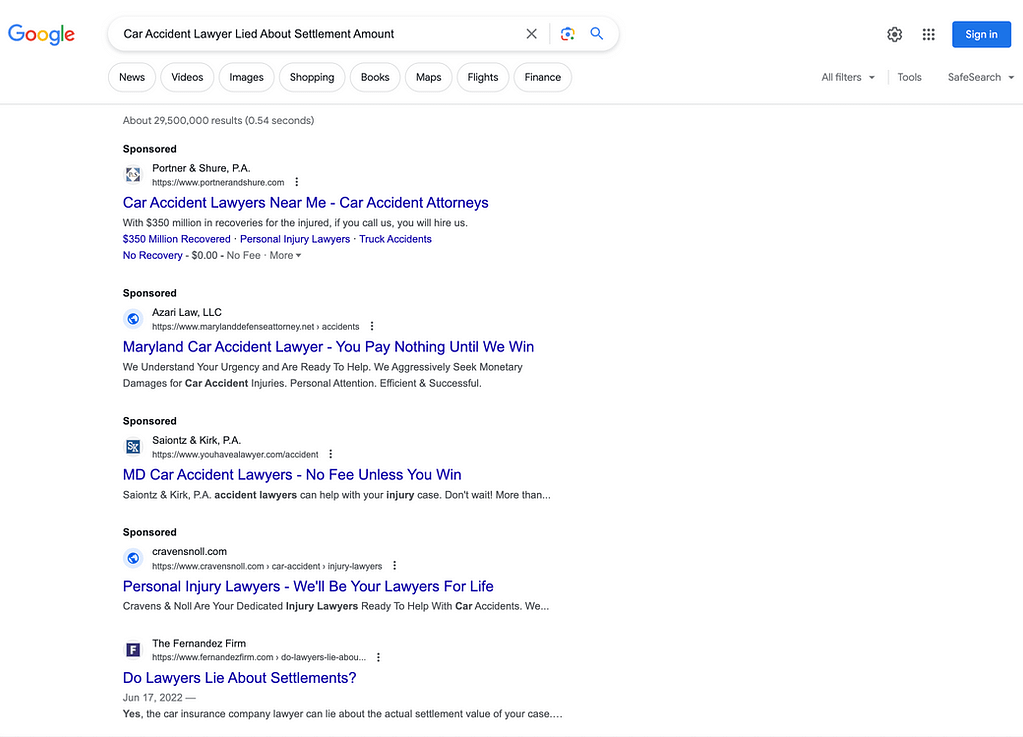 Cravens & Noll, a Virginia based personal injury law firm, has ads showing for irrelevant searches. Pictured is their ad for the search "Car Accident Lawyer Lied About Settlement Amount".