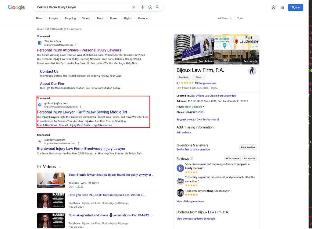 Griffith Law, a Tennessee based personal injury law firm, has ads showing for irrelevant searches. Pictured is their ad for the search "Beatrice Bijoux Injury Lawyer".