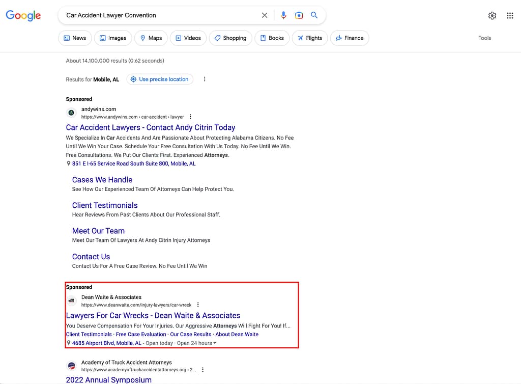 Dean Waite, an Alabama based personal injury law firm, has ads showing for irrelevant searches. Pictured is their ad for the search "Car Accident Lawyer Convention”.