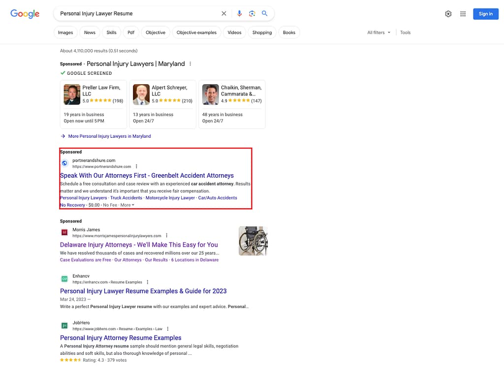 Portner & Shure, a Maryland based personal injury law firm, has ads showing for irrelevant searches. Pictured is their ad for the search "Personal Injury Lawyer Resume".
