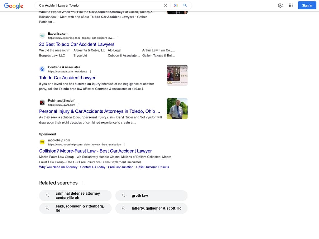 Moore Faust Injury Law Group, a South Dakota based personal injury law firm, has ads showing for irrelevant searches. Pictured is their ad for the search “Car Accident Lawyer Toledo”.
