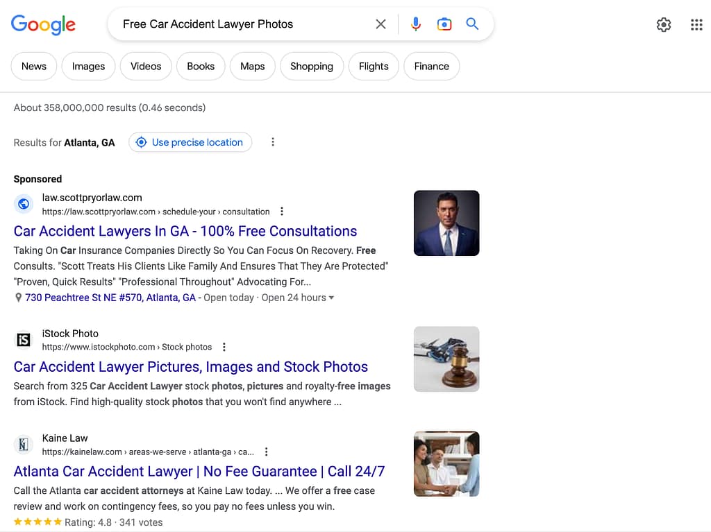 Scott Pryor Law Group, a Georgia based personal injury law firm, has ads showing for irrelevant searches. Pictured is their ad for the search "Free Car Accident Lawyer Photos".
