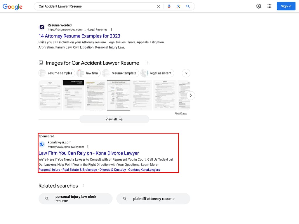 Pacific States Legal Group, a Hawaii based personal injury law firm, has ads showing for irrelevant searches. Pictured is their ad for the search "Car Accident Lawyer Resume".