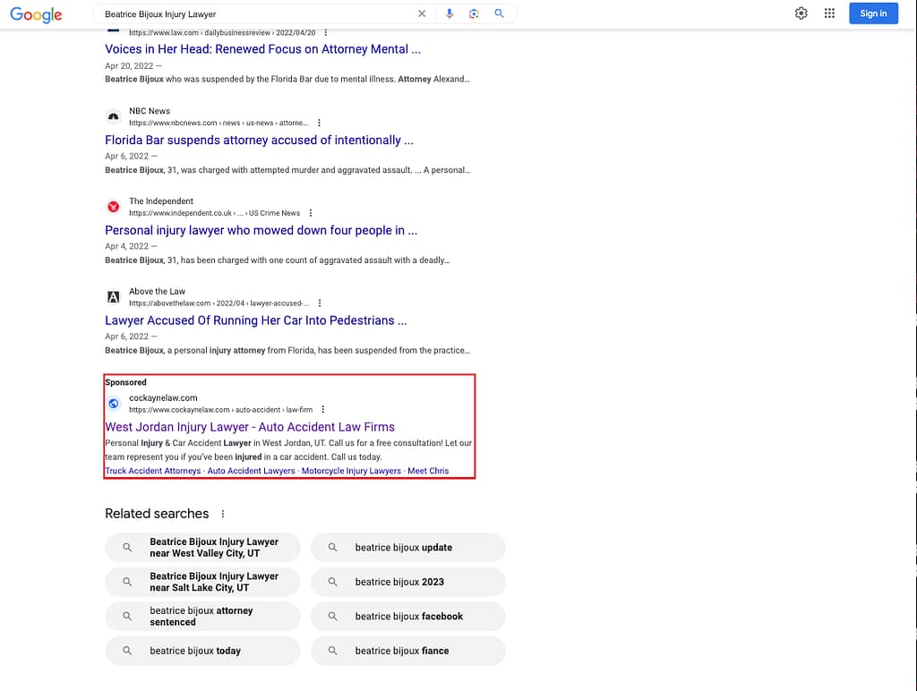 Cockayne Law, a Utah based personal injury law firm, has ads showing for irrelevant searches. Pictured is their ad for the search "Beatrice Bijoux Injury Lawyer".