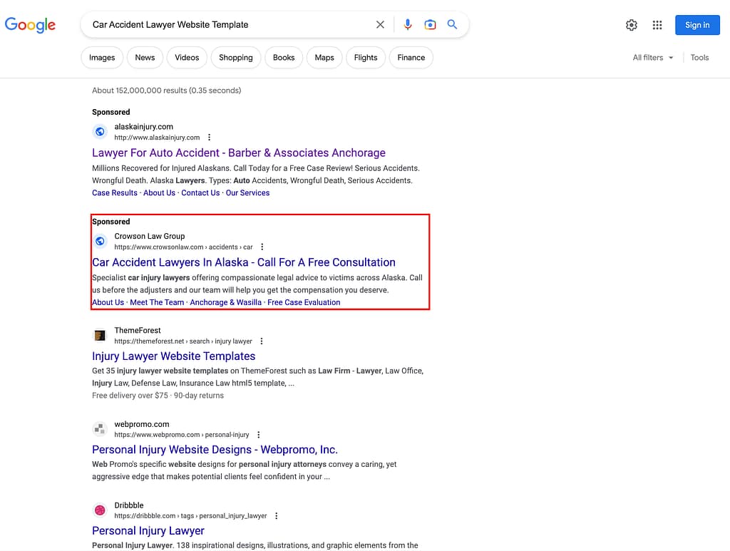 Crowson Law, an Alaska based personal injury law firm, has ads showing for irrelevant searches. Pictured is their ad for the search "Car Accident Lawyer Website Template".