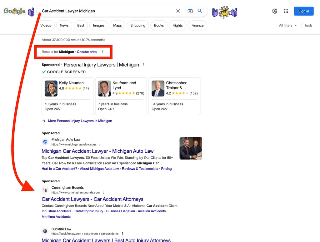 Cunningham Bounds, an Alabama based personal injury law firm, has ads showing for irrelevant searches. Pictured is their ad for the search "Car Accident Lawyer Michigan”.