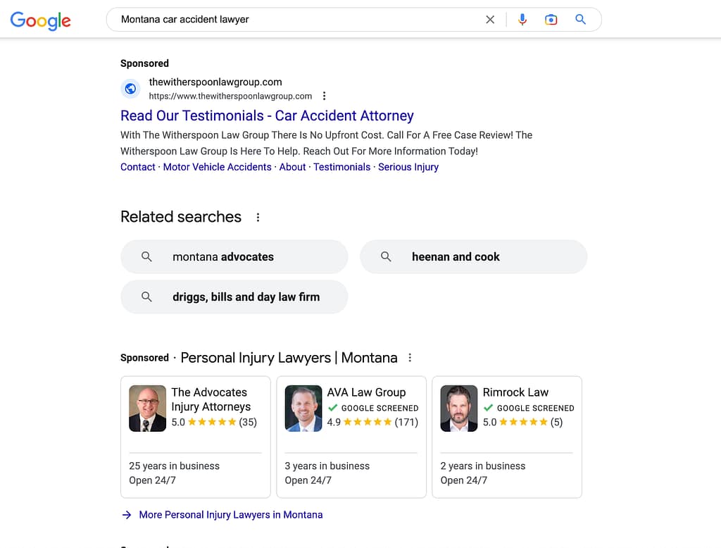 Witherspoon Law Group, a Florida based personal injury law firm, has ads showing for irrelevant searches. Pictured is their ad for the search "Montana Car Accident Lawyers".