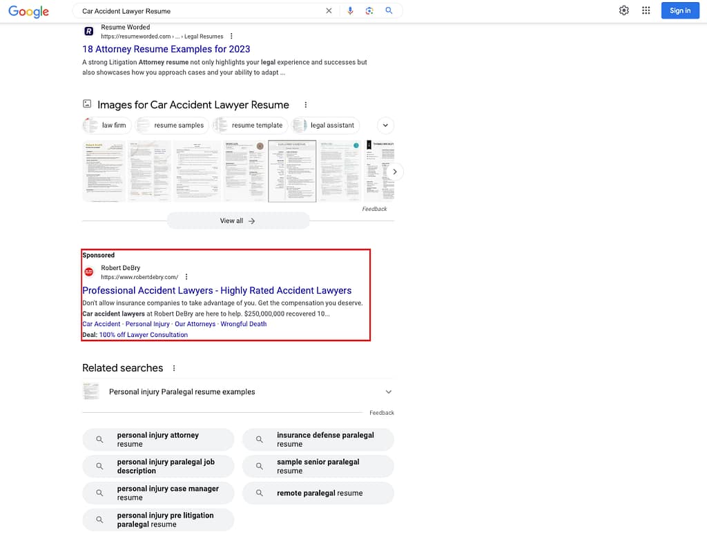 Robert J. DeBry & Associates, a Utah based personal injury law firm, has ads showing for irrelevant searches. Pictured is their ad for the search "Car Accident Lawyer Resume".