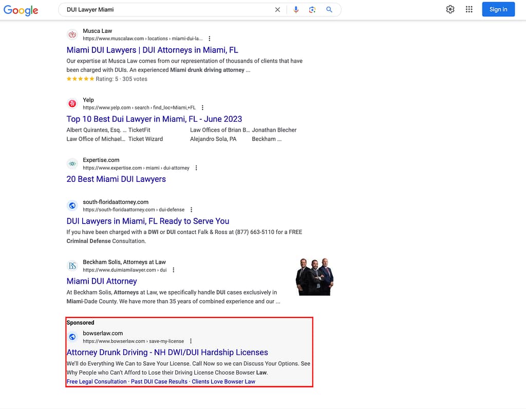 Bowser Law, a Maine based personal injury and DUI law firm, has ads showing for irrelevant searches. Pictured is their ad for the search "DUI Lawyer Miami".