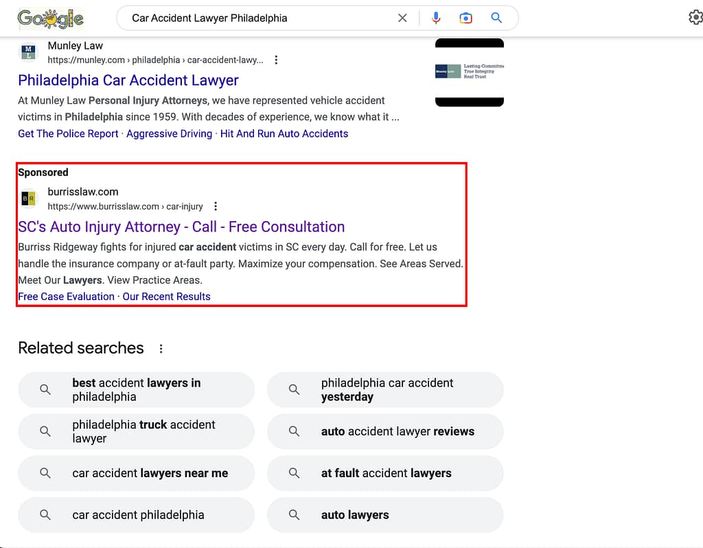 Burriss & Ridgeway is a law firm serving the people of South Carolina. However, their ad appears in a search for car accident lawyers in Philadelphia.