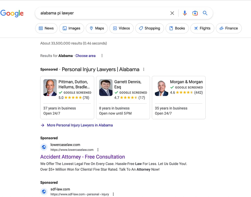 Lowercase, a Florida based personal injury law firm, has ads showing for irrelevant searches. Pictured is their ad for the search "Alabama PI Lawyer".