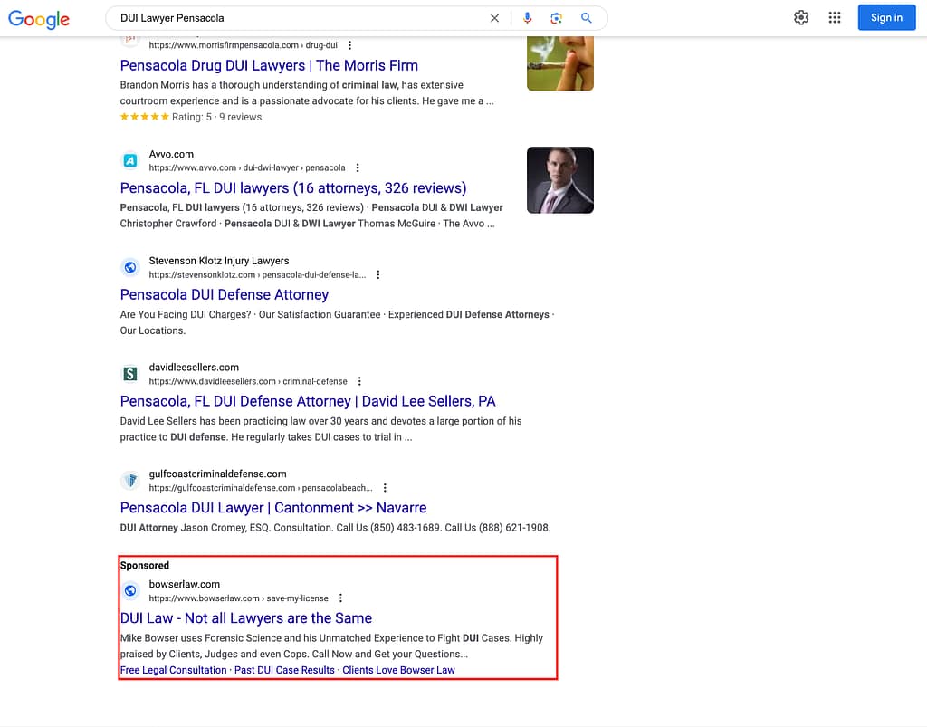 Bowser Law, a Maine based personal injury and DUI law firm, has ads showing for irrelevant searches. Pictured is their ad for the search "DUI Lawyer Pensacola".
