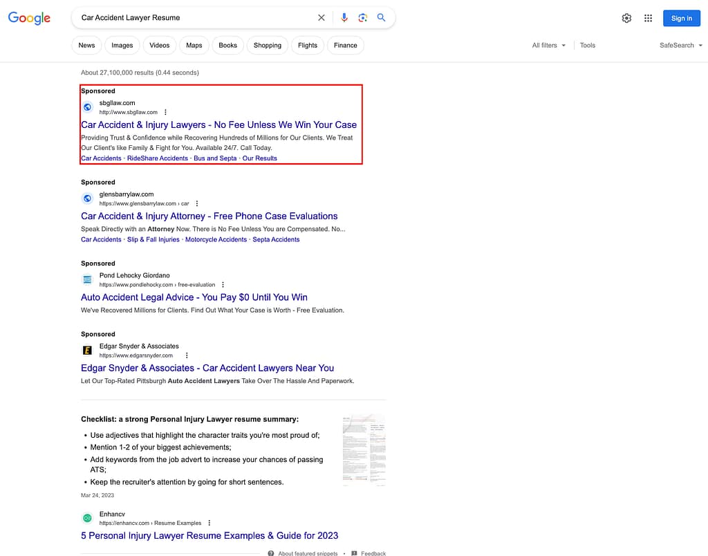 Segal, Berk, Gaines & Liss, a Pennsylvania based personal injury law firm, has ads showing for irrelevant searches. Pictured is their ad for the search "Car Accident Lawyer Resume".