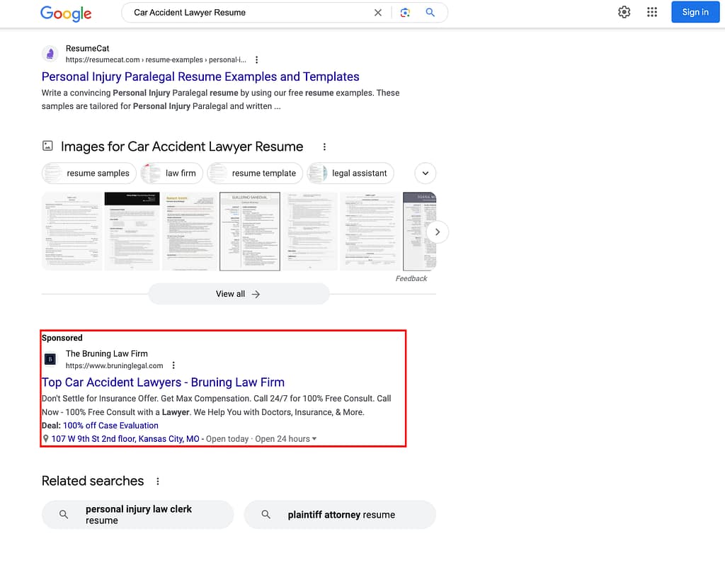 The Bruning Law Firm, a St. Louis based personal injury law firm, has ads showing for irrelevant searches. Pictured is their ad for the search "Car Accident Lawyer Resume".