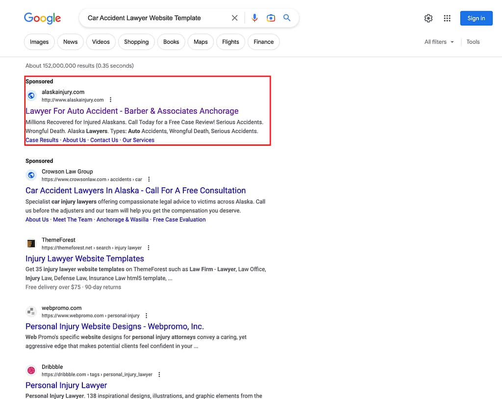 Barber & Associates, a Alaska based personal injury law firm, has ads showing for irrelevant searches. Pictured is their ad for the search "Car Accident Lawyer Website Template".