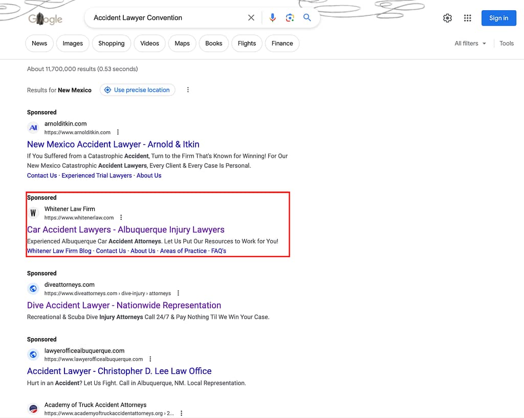 Whitener Law Firm, a New Mexico based personal injury law firm, has ads showing for irrelevant searches. Pictured is their ad for the search "Accident Lawyer Convention".