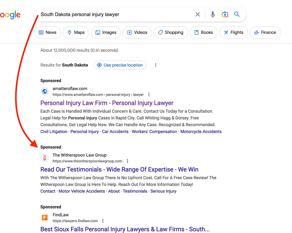 Witherspoon Law Group, a Florida based personal injury law firm, has ads showing for irrelevant searches. Pictured is their ad for the search "South Dakota Personal Injury Lawyer".