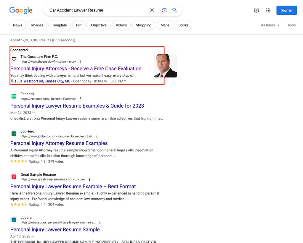 The Goss Law Firm, a Kansas City based personal injury law firm, has ads showing for irrelevant searches. Pictured is their ad for the search "Car Accident Lawyer Resume".
