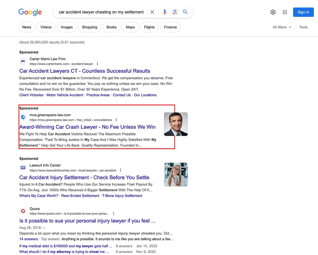Greenspan & Greenspan, a New York based personal injury law firm, has ads showing for irrelevant searches. Pictured is their ad for the search "Car Accident Lawyer Cheating On My Settlement".