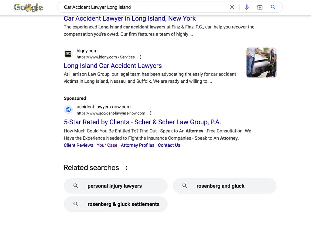 Scher & Scher Law Group, a Florida based personal injury law firm, has ads showing for irrelevant searches. Pictured is their ad for the search "Car Accident Lawyer Long Island".