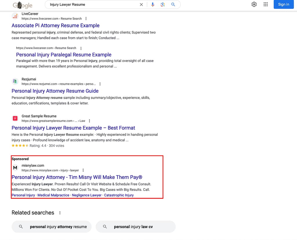 Ad appeared when searching for "Injury Lawyer Resume"