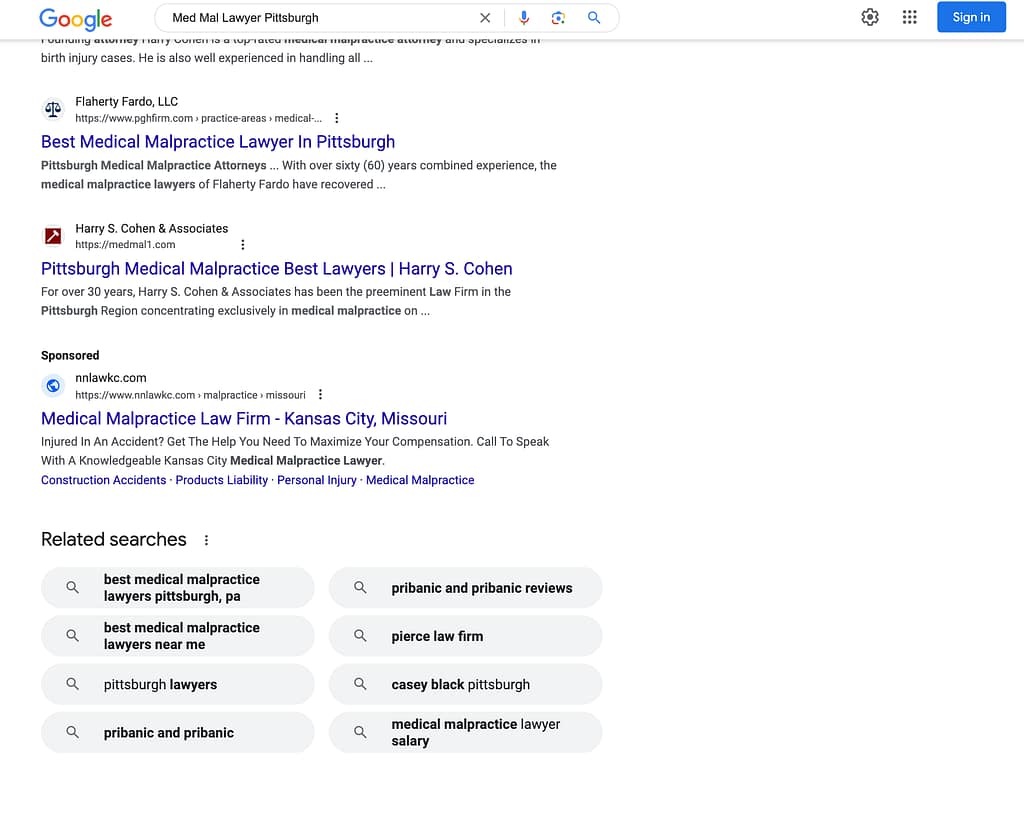 Norton & Spencer, a Kansas City based personal injury law firm, has ads showing for irrelevant searches. Pictured is their ad for the search "Med Mal Lawyer Pittsburgh".