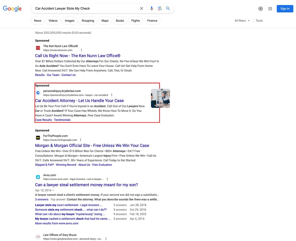 The Kryder Law Group, an Indiana based personal injury law firm, has ads showing for irrelevant searches. Pictured is their ad for the search "Car Accident Lawyer Stole My Check".