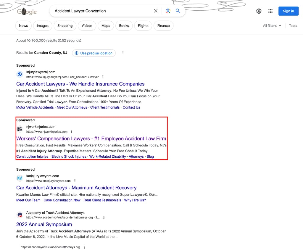 Pietras Saracino Smith & Meeks, a New Jersey based workers compensation law firm, has ads showing for irrelevant searches. Pictured is their ad for the search "Accident Lawyer Convention".