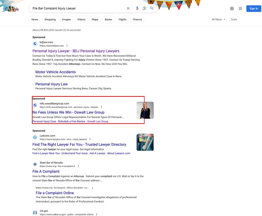 Oswalt Law Group, an Arizona based personal injury law firm, has ads showing for irrelevant searches. Pictured is their ad for the search "File Bar Complaint Injury Lawyer".