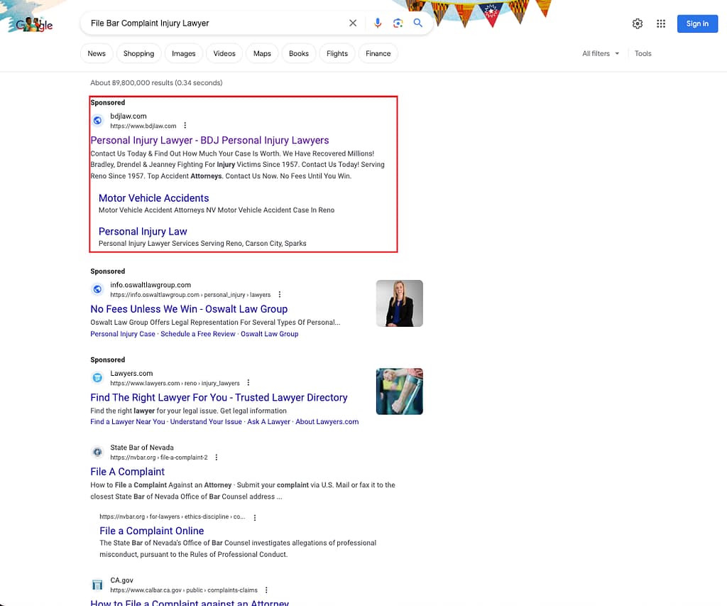 Bradley, Drendel & Jeanney, a Nevada based personal injury law firm, has ads showing for irrelevant searches. Pictured is their ad for the search "File Bar Complaint Injury Lawyer".