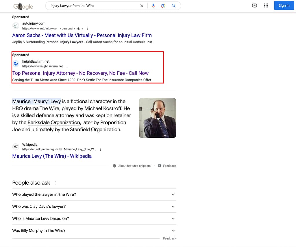 Google Ad is appearing when searching "Injury lawyer from the wire"