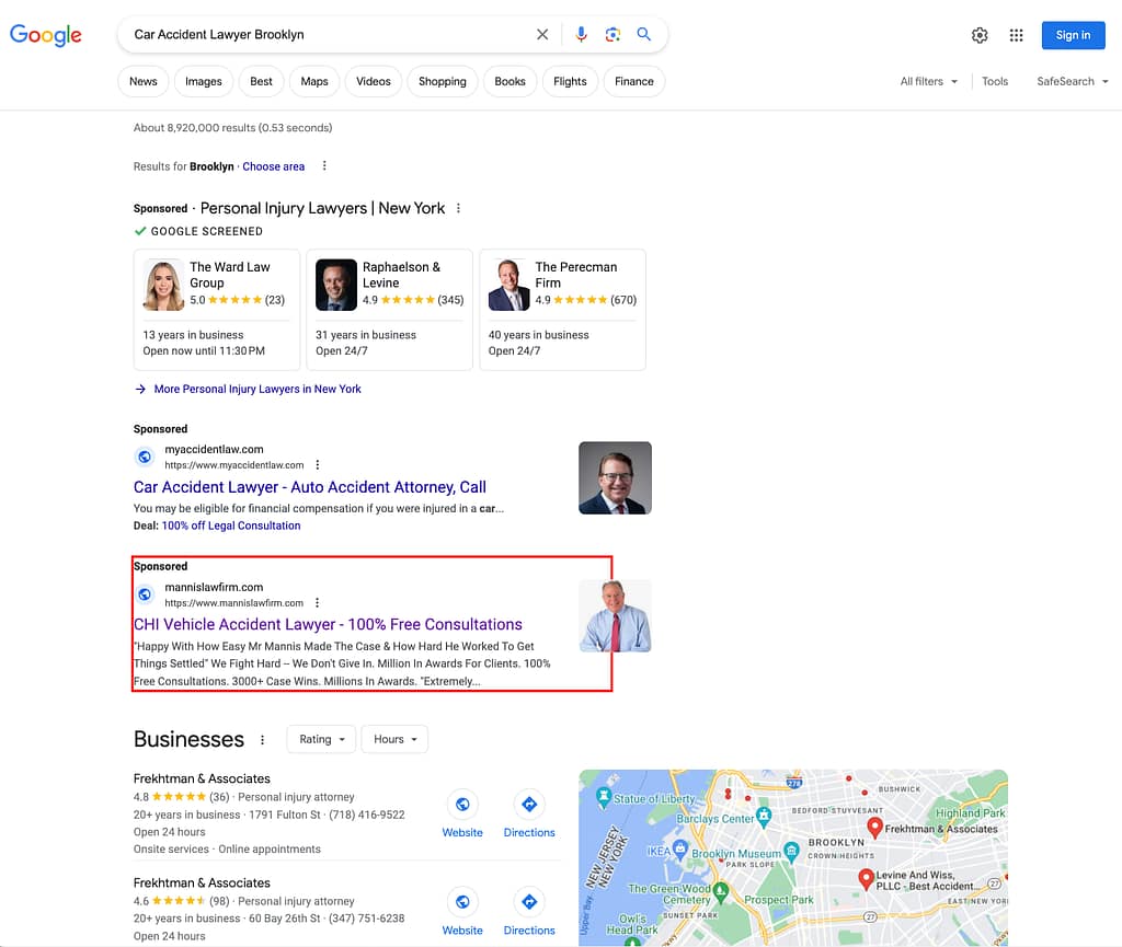 Mannis Injury Law, an Illinois based personal injury law firm, has ads showing for irrelevant searches. Pictured is their ad for the search "Car Accident Lawyer Brooklyn".