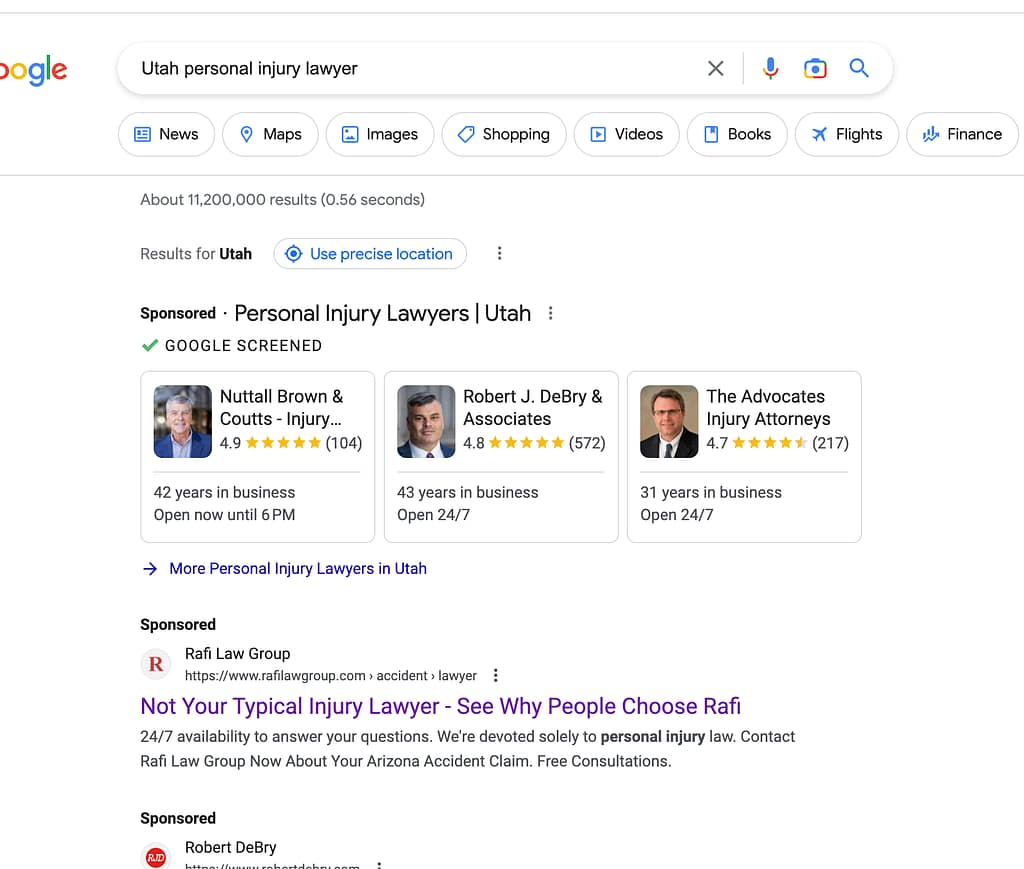 Rafi Law Group, an Arizona based personal injury law firm, has ads showing for irrelevant searches. Pictured is their ad for the search "Utah Personal Injury Lawyer".