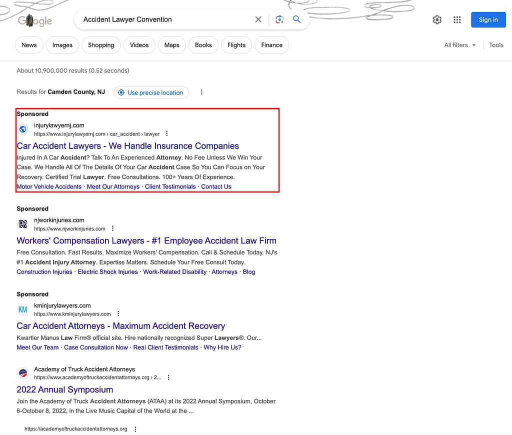 Smith Magram Michaud Colonna, a New Jersey based injury law firm, has ads showing for irrelevant searches. Pictured is their ad for the search "Accident Lawyer Convention".