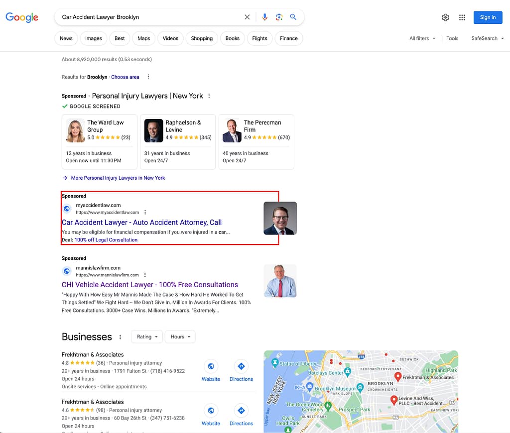 Lloyd Miller Law Group, a Chicago based personal injury law firm, has ads showing for irrelevant searches. Pictured is their ad for the search "Car Accident Lawyer Brooklyn".